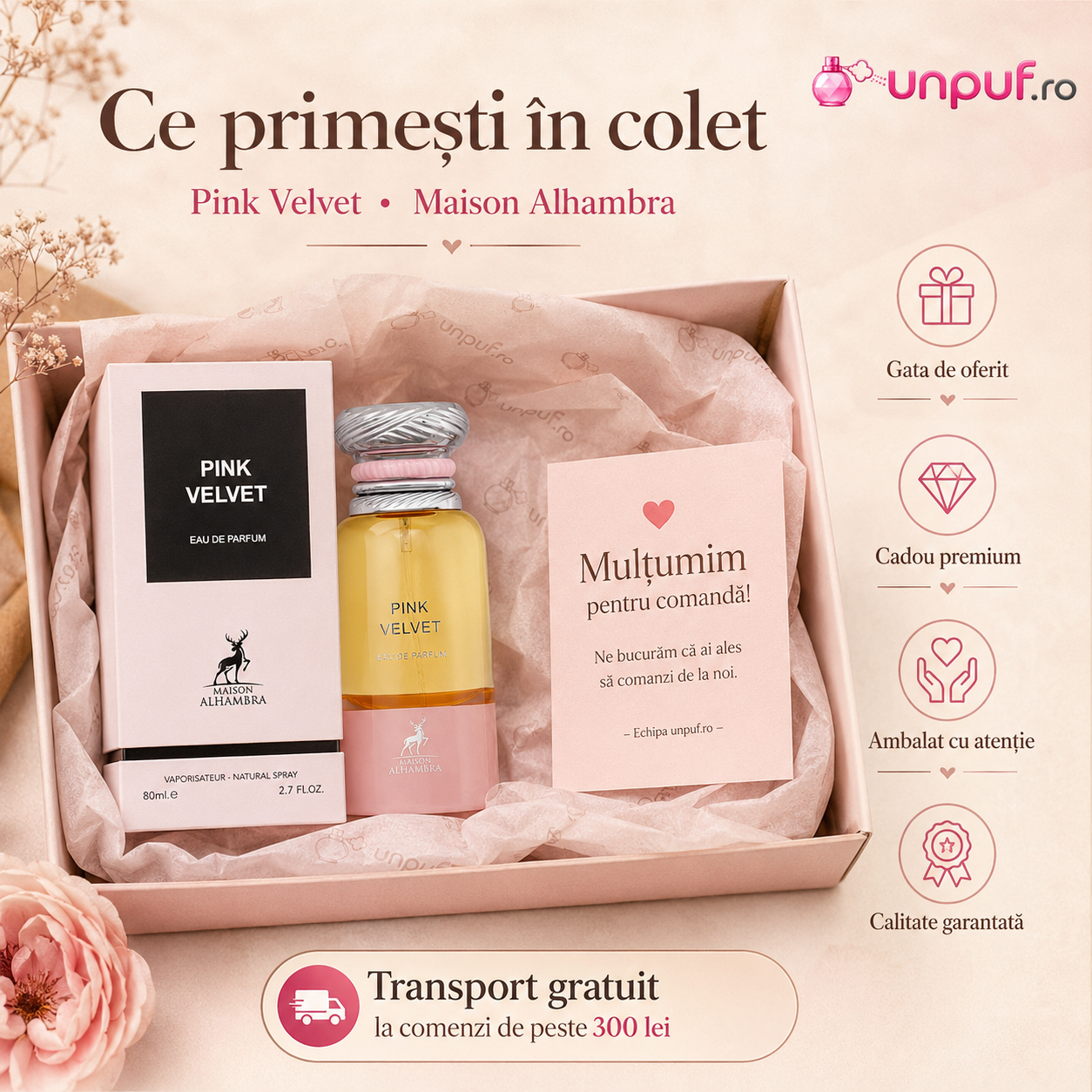 Maison Alhambra Pink Velvet parfum de damă potrivit pentru zi, seară, &icirc;nt&acirc;lniri, evenimente și ocazii speciale